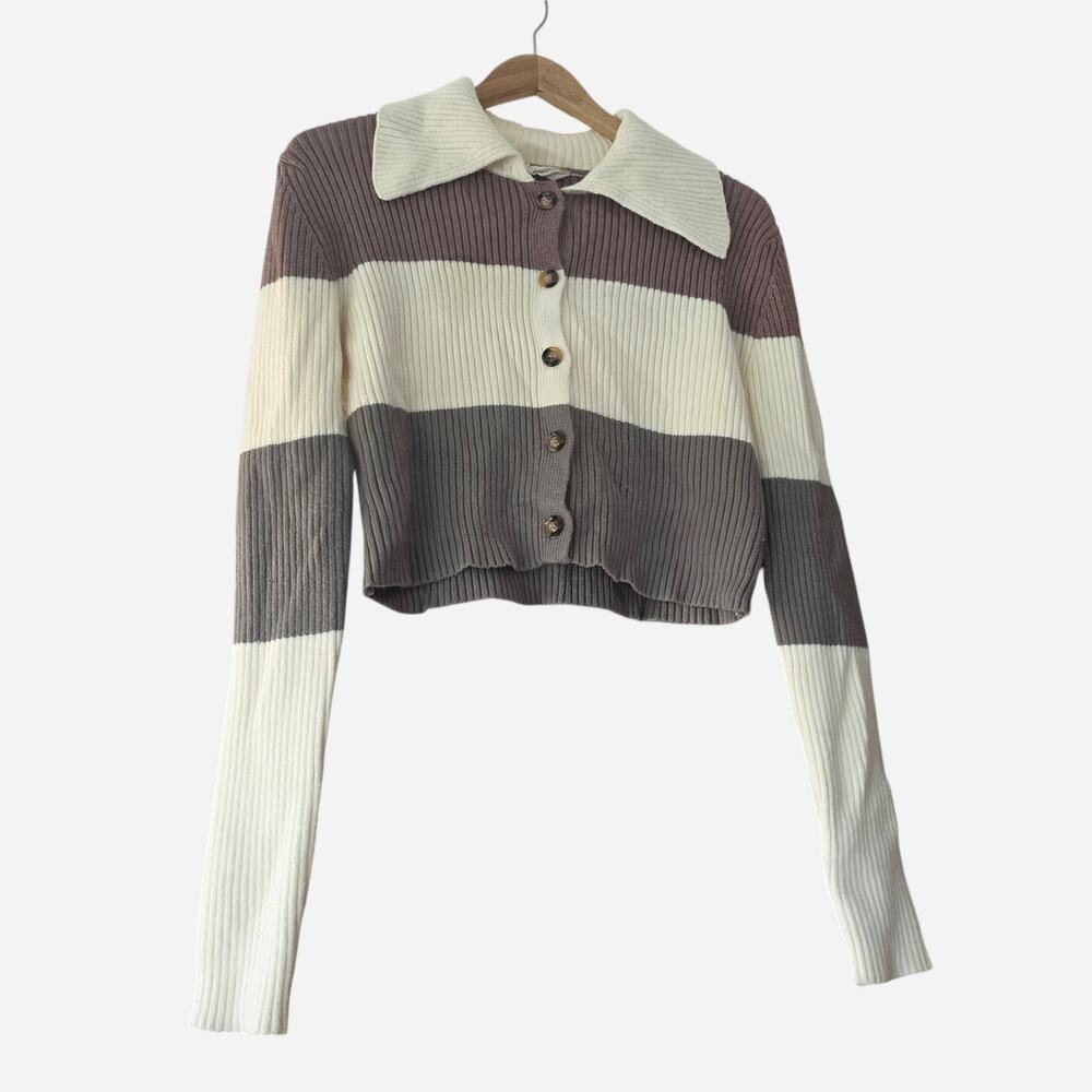 Women's Striped Long Sleeve Button-Front Knit Cropped Cardigan Sweater Large